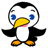Pixelated penguin with black head, white face, blue eyes, yellow beak, pink mouth, and orange feet on a white background.
