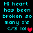 Pixelated cyan text on black background reads "Mi heart has been broken so many x's </3 lol" with a red heart symbol, displayed in two identical side-by-side