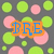 Static pixel art icon with dark gray background, scattered green and pink circles, blue text 'FRE' on orange rectangle.
