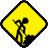 Yellow diamond-shaped warning signs with black silhouettes of figures holding shovels, arranged in a with varying poses and small black dots on some signs
