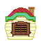 Pixel art animation of a light blue doll character emerging from a house with a red roof, green trim, and brown shutters, showing sequential expressions and movements.
