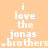 A static image with repeated text and symbols on a peach background, featuring white pixelated text reading "i love the jonas brothers" with light blue asterisks.