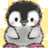 Pixelated penguin icon with black head, white face, gray body, pink feet; four distinct poses including standing, hugging self, and heart-shaped belly.