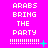 Pixelated text 'ARABS BRING THE PARTY' repeated in a on bright pink background with animated cyan and green dots