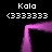 Pixelated text and numeric sequences surround a glowing pink frame on black background, with repeated 'Kala' labels and '<333333' symbols in white.