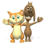 Animated cartoon of two anthropomorphic animals standing side-by-side against a gray background, with visible motion changes across frames.