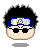 Four pixelated character heads with black spiky hair, blue headbands featuring silver metal plates with a symbol, and dark sunglasses against gray backgrounds.