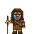 Pixelated character with blue and red face, long brown hair, holding sword and shield against gray background.