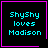 Four identical pixelated text with cyan 'ShyShy loves Madison' on black background, each bordered by magenta frame; two have small pink symbols in bottom-right corner