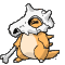 Pixelated cartoon creature with white skull-like head, orange body, and bone prop, shown in two sequential poses against gray background.
