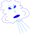 A cloud-shaped figure with blue eyes and mouth emits light blue rain lines from its mouth in a static pose.