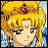 Pixelated anime-style character with long blonde hair and blue eyes, wearing a blue outfit with yellow accents and a red gem on the headpiece, set against a blue and white background.