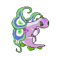 Animated purple creature with green and blue patterned wings, shifting from side to side in a of four