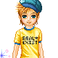 Pixel art character with blonde hair and blue cap wears yellow shirt with 'REAL EXIST' text, shown in multiple poses with subtle expression changes.