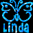 Pixelated blue butterfly-shaped logo with the name "Linda" in block letters below, on a black background.