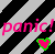 Pixelated text 'panic! At the Disco' in bright pink with two green-outlined pink hearts on a black-and-white striped background.