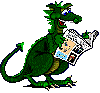 A green cartoon dragon holding a newspaper in five sequential animation frames arranged on a gray background.