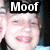 Pixelated close-up of a person's face with pink lips and light skin, overlaid by bold white text reading 'Moof' on a black rectangular background.