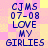 Pixelated text on a pink and yellow checkered background with blue lettering reading CJMS 07-08 LOVE MY GIRLIES repeated twice.