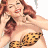 Pixelated image of a woman with red hair in leopard-print bikini top against white and green backgrounds.