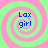 Four identical spiral patterns with alternating pink and green rings, each containing blue text reading "Lax girl" in a pixelated font.