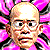 Pixelated cartoon character with two expressions in a contact sheet, pink background with black spikes, yellow skin tone, glasses on left face, white teeth grid on right face.