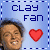 Pixelated icon with blue background showing a person's face, red heart symbol, and text 'CLAY FAN' in dark blue block letters.