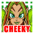 Two side-by-side pixel art frames of a green-skinned faerie character with long brown hair, large blue eyes, and pointed ears against a green background, the left frame showing closed lips and red text below while the right shows an open mouth with tongue visible.
