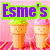 Two pixelated ice cream cones with smiling faces under 'Esme's' text on pink background, next to a pink heart with 'BFFs' text on black background.