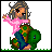 A 5x4 contact sheet of a pixel art animated icon showing a cartoon woman holding a turtle, transitioning through text-based animation sequences with green bars and the words 'turtle' and 'lover'.