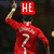 A person in a red sports jersey with the number 7 and white stripes on the sleeves, raising their right arm, with changing text overlays above and below.