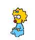 Yellow-haired cartoon character in light blue dress with red pacifier, blue bow on head, and yellow hands holding a blanket.