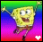 A 48x47 pixel animated buddy icon featuring Spongebob Squarepants in a running pose with arms raised, displayed as two sequential frames showing heart symbol color change from white to yellow against a rainbow gradient background.