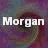 Two identical animated frames showing the name "Morgan" in white pixelated text over a blurred, colorful background with swirling patterns.