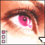 Pixelated close-up of an eye with pink iris and white sclera, brown eyelashes, and reddish-brown hair strands against a peach gradient background.
