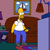 Pixelated character with yellow skin wears white shirt and blue pants, standing in room with brown couch and framed picture on pink wall