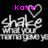 Pixelated icon with pink text 'Katie' above a gray heart symbol and stylized white text on black background.