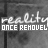 A grayscale image with repeated text overlays showing 'reality' in white script and 'ONCE RENOVATED' in purple block letters, arranged in a pattern