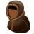 Pixelated static image of a figure in a hooded garment with dark eye openings, brown and tan color palette, against a white background.
