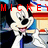 Mickey Mouse icon with red text above, blue and red background, and visible pixelation.
