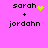 Pixelated text 'sarah' and 'jordahn' with a plus sign on a pink background, featuring a green heart and scattered green dots in different frames.