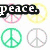 Pixelated icon with peace symbols, hearts, and smiley faces on a white background; text reads "peace," "love," and "happiness."