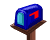 Blue mailbox with red arrow on side, mounted on brown post, showing sequential animation of mailbox door opening and letter insertion.