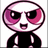 Pixelated cartoon character with pink eyes and black shirt, mouth open in a smile