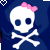 Pixelated skull with pink bow and crossed bones on dark blue background, animated hearts change color in sequence.