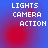 Four identical display 'LIGHTS CAMERA ACTION' text over blue-red gradient backgrounds with red circular highlights