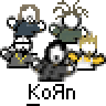 A static contact sheet of two identical pixel art frames showing a cartoon band with four members, text reading 'KoRn' below each frame, and promotional text for 'badass buddy .com' on the right side.
