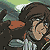 Pixelated anime-style character with brown hair and glasses, wearing a striped shirt under dark outer clothing, shown in three sequential poses against greenish background.