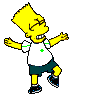 Four pixelated Bart Simpson frames show sequential motion: arms outstretched, legs lifted, mouth open, and eyes closed in a joyful expression against a gray background.