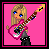 Animated contact sheet of a pixel art rock star icon showing character and text variations across 11 frames on pink background with black border.
